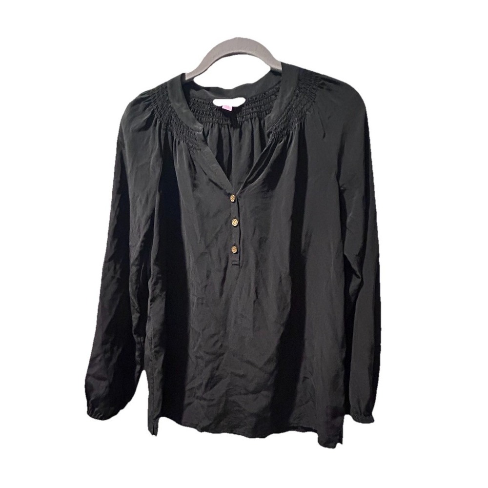 Lilly Pulitzer Blouse Women XS Black Excellent Silk Smocked V-Neck Gold Buttons